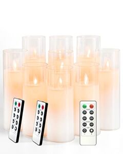 kakoya Flickering Flameless Candles Battery Operated with Remote and 2/4/6/8 H Timer Plexiglass Led Pillar Candles Pack of 9 (D2.2″xH 5″6″7″)with Realistic Moving Wick Candles for Home Decor(White)