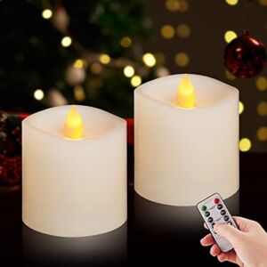 Christmas Flickering Flameless Candles, Set of 2 (3×3 inch) LED Battery Operated Candles with Remote, Fake Pillar Electronic Candle That Look Real, Home Decorations Window Candles for Christmas Tree