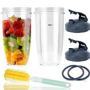 2 Pcs Replacement 32oz Cups for Blender【3 Size Options, 18oz, 24oz, 32oz】with Two Flip Top To Go Lid, Rubber Seals and Cup Brush, Compatible with NutriBullet 600w and 900w Blender Accessory.