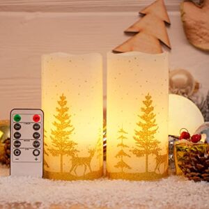 Skairipa Christmas LED Flameless Candles Flickering: Battery Operated Wax Candles with Timer Remote, Realistic Pillar Candles with Xmas Tree Deer Decal for Home Decorations Christmas Gifts (Gold)