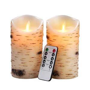Flameless Candles LED Candles Birch Bark Effect Set of 2 (D:3.25″ X H:6″) Ivory Real Wax Pillar Battery Operated Candles with Dancing LED Flame 10-Key Remote Control and Cycling 24 Hours Timer