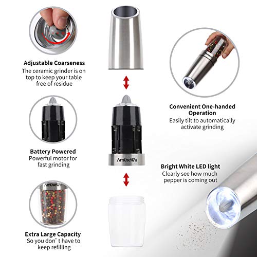 Gravity Electric Salt and Pepper Grinder Set【White Light】- Battery Operated Automatic Salt and Pepper Mills,Adjustable Coarseness,One-Handed Operation,Utility Brush,Stainless Steel by AmuseWit | The Storepaperoomates Retail Market - Fast Affordable Shopping