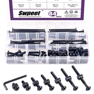 Swpeet 84Pcs Black M6 × 15/25/35/45/55/65/75mm Crib Hardware Screws Kit, Hex Socket Head Cap Crib Baby Bed Bolt and Barrel Nuts with 1 x Allen Wrench Perfect for Furniture, Cots, Crib Screws