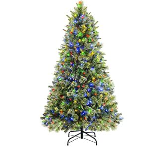 SHareconn 6ft Prelit Premium Artificial Hinged Christmas Pine Tree with 340 Warm White & Multi-Color Lights, 60 Pine Cones and Foldable Metal Stand, Perfect Choice for Xmas Decoration,6 FT