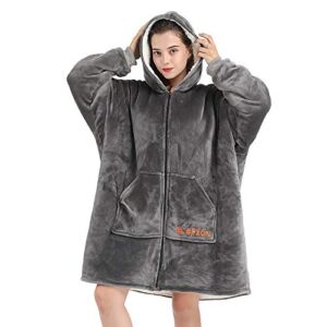 SLEPZON Blanket Hoodie | Oversized Wearable Blanket – Deep Pockets, Comfy Sleeves, Front Zipper – Deluxe Fleece Sweatshirt Blanket – Grey