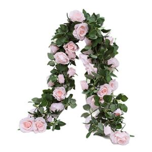 Huata 3PCS 6.56Ft Artificial Rose Flower Silk Vine Hanging Wedding Decor Garlands Home Outdoor Indoor Decor Flower (Pale Pink)