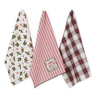 DII Vintage Christmas Tea Towels Decorative Holiday Kitchen Dish Towel Set, 18×28, Holly Jolly Sprigs & Red Stripe, 3 Piece