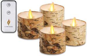 Luminara Set of 4 – Flickering Flameless Birch Bark Tealight Candles – LED Battery Operated Lights for Christmas, Halloween – Remote Ready