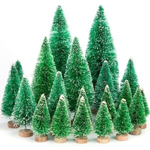 FUTUREPLUSX 20PCS Mini Christmas Trees, Snow Frosted Sisal Trees Bottle Brush Xmas Trees with Wooden Base for Xmas Winter Home Table Decoration