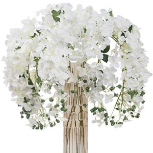 JARELING 6pcs Artificial Silk Hydrangea Flowers Long Stems Fake Flowers for Tall Vase Wedding Vine Hanging Garlands Flower for Home Office Arch Party Decoration(White)