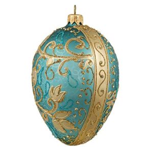 Miss Christmas Palace Collection 2022 Blue and Gold Fabergé Egg 5-Inch Blown Glass Christmas Tree Ornament (Turquoise)