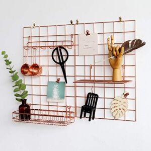FRIADE Wall Grid Panel for Photo Display,Wall Storage Organizer ,5 Metal Clips & 3 S Hooks & 4 Nails & 4 Plastic Hanging Buckles and 4 Screws Offered,Size 17.5″ x 11.8″,2 Pack(Rose Gold)