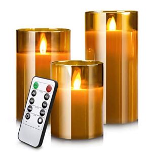 Led Flameless Candles for Christmas Decorations, Battery Operated Flickering Moving Wick Effect Glod Glass Candle Set with Remote Control Cycling Timer, 4 inch, 5 inch, 6 inch, 3 Pack
