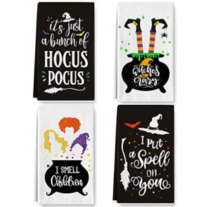 AnyDesign Halloween Kitchen Towel White Black Hocus Pocus Tea Towel 18 x 28 Inch Witches Theme Hand Drying Cloth Washable Decorative Dishcloth for Home Kitchen Bathroom Cooking, 4 Pack
