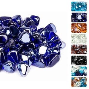GRISUN Cobalt Blue Fire Glass Diamonds for Fire Pit, 1 Inch High Luster Reflective Tempered Glass Rocks for Natural or Propane Fireplace, Safe for Outdoors and Indoors Firepit Glass, 10 Pounds