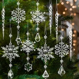 24 PCS Christmas Snowflake Icicle Decorations, Acrylic Icicle Hanging Ornaments Set, Winter Wonderland Crystal Crafts Decorations for Christmas Tree Home Table Fireplace Outdoor Party New Year Decor