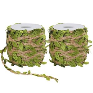 Tenn Well Burlap Leaf Ribbon, 132Feet 5mm Jute Twine Vine with Artificial Leaves for Crafts, Wedding, Jungle Party Decor (2PCS x 66Feet)