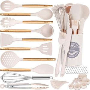 33 PCS Silicone Cooking Utensils Set, Kikcoin Wood Handle Kitchen Utensils Set with Holder, Spatulas Silicone Heat Resistant Cooking Gadgets for Nonstick Cookware, Creamy Pink