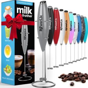 PowerLix Milk Frother Handheld Battery Operated Electric Whisk Foam Maker For Coffee, Latte, Cappuccino, Hot Chocolate, Durable Mini Drink Mixer With Stainless Steel Stand Included (Silver)