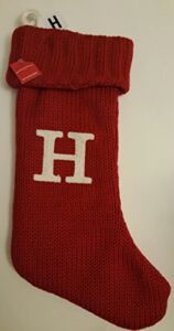 Christmas Holiday Red Thick Knit Stocking Monogram Letter H Measures 19″
