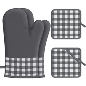 Oven Mitts and Pot Holders, 4 Piece Heat Resistant Thick Cotton Oven Mitts, Comfortable Cotton Oven Gloves for Cooking, Baking and Grilling, Grey Plaid