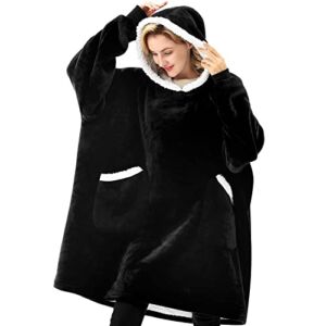 Denkee Wearable Blanket Hoodie, Oversized Sherpa & Fannel Hooded Blanket for Adults Women, Soft Comfy Sweatshirt with Large Hood Pockets Black