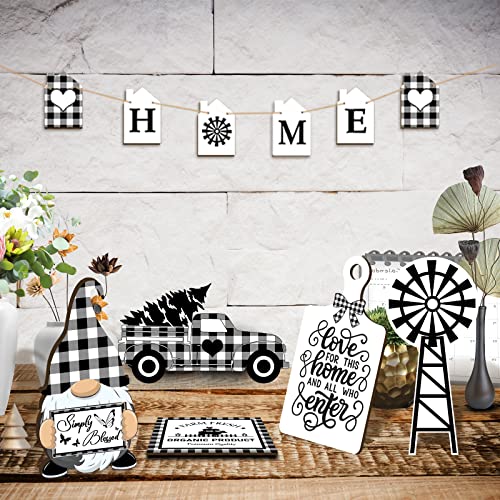 10 Pieces Farmhouse Tiered Tray Decor Farmhouse Home Decor, Rustic Tiered Tray Signs, House Shaped Table Decor, Buffalo Plaid Wooden Farm Fresh Sign for Country Farmhouse Home Kitchen Shelf Decor | The Storepaperoomates Retail Market - Fast Affordable Shopping