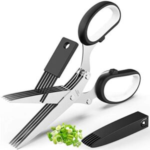 Updated 2022 Herb Scissors Set – Cool Kitchen Gadgets for Cutting Fresh Garden Herbs – Herb Cutter Shears with 5 Blades and Cover, Sharp and Anti-rust Stainless Steel, Dishwasher Safe (Black-White)