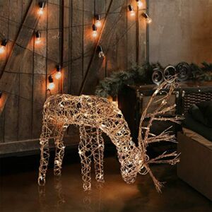 Alpine Corporation Outdoor/Indoor Rattan Grazing Reindeer with Lights – Christmas and Holiday Decoration for Yard – 24-Inches