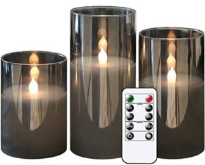GenSwin Gray Glass Battery Operated Flameless Led Candles with 10-Key Remote and Timer, Real Wax Candles Warm White Flickering Light for Home Decoration(Set of 3)