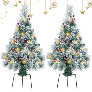 Outdoor Christmas Trees for Porch Decoration,2.5FT 2 Pack Lighted Snow Flocked Pathway Christmas Tree,Artificial Outside Small Xmas Tree with Lights,Battery Operated Potted Xmas Trees for Yard, Grave
