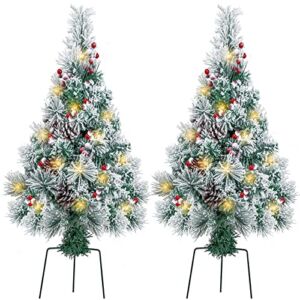 Outdoor Pathway Christmas Trees,2 Pack 2.5FT Snow Flocked Artificial Porch Trees,Battery Operated Prelit Entrance Xmas Tree with Lights, Pinecone and Berries Holiday Decoration