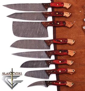 GladiatorsGuild G29RD- Professional Kitchen Knives Custom Made Damascus Steel 8 pcs of Professional Utility Chef Kitchen Knife Set with Chopper / Cleaver with Pocket Case Chef Knife Roll Bag (Red)