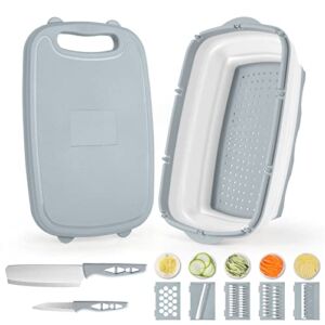 Gintan Camping Cutting Board, 9-in-1 Collapsible Chopping Board with Colander,Camping Gifts for Campers Happy Camper ,Camping Accessories for RV Campers (grey)