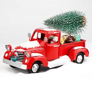 CYAOOI Christmas Vintage Red Truck Decor, 6.7″ Red Metal Truck Car Model with 1pcs Mini Christmas Trees Ornaments and 2pcs Mini Boxes Ornaments for Holiday Christmas Decoration Table Top Decoration