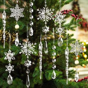18pcs Crystal Christmas Ornaments for Christmas Tree Decorations-Hanging Acrylic Snowflake and Icicle Ornaments with Drop Pendants for Christmas Tree New Year Party Decorations Supplies