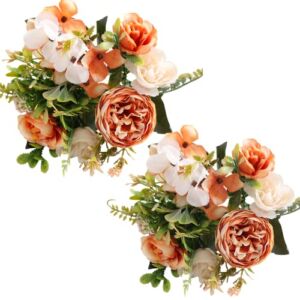 Artificial Flowers, 2Pcs Fake Peony Silk Hydrangea Flower Bouquet Fall Rose Flowers Centerpieces for Decoration, Fall Flowers Wedding Bouquets for Party Home Décor (Orange)