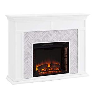 SEI Furniture Torlington Tiled Electric Fireplace, White, Gray Marble, 15″ D x 50″ W x 39″ H