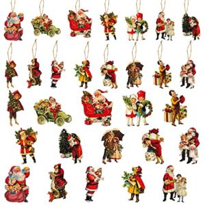 46Pcs Christmas Victorian Style Banner Vintage Santa Claus Child Wood Ornaments Decorations, Christmas Party Theme Decoration Anniversary or Christmas for Party Decoration (Vintage Style)