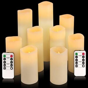 Flameless Candles, Led Candles Set of 9(H 4″ 5″ 6″ 7″ 8″ 9″ xD 2.2″) Ivory Real Wax Battery Candles with Remote Timer (Batteries not Included)