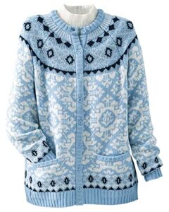 National Fair Isle Cardigan – Ladies Button-Front Long Sleeve Sweater, Fairisle & Rib Trim Accents, Welt Pockets, Antique Blue, Medium