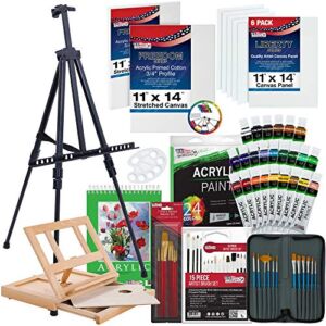 U.S. Art Supply 72-Piece Artist Acrylic Painting Set with Aluminum Field Easel, Wood Table Easel, 24 Acrylic Paint Colors, 34 Brushes, 2 Stretched Canvases, 6 Canvas Panels, Painting Pad, 2 Palettes