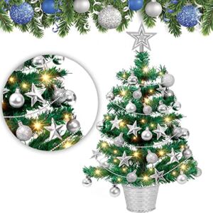 20″ Tabletop Christmas Tree with Lights, Mini Artificial Christmas Tree Small Desktop Xmas Tree with Ornaments Balls for Indoor DIY Office Holiday Decoration(Silver)
