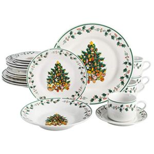 Gibson Home Tree Trimming 20-Piece Ceramic Dinnerware Set, White/Green/Red –