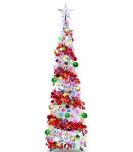 5 Ft Pencil Christmas Tree with Lights Timer Balls Ornaments 50 Multi- Color LED 3D Star Sequins Tinsel Full Christmas Tree Decorations Home Indoor Outdoor Holiday Room Xmas Decor(Silver Red)
