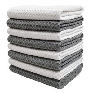 Polyte Ultra Premium Microfiber Kitchen Dish Hand Towel Waffle Weave, 8 Pack (16×28 in, Gray, White)