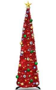 TURNMEON 6Ft Lighted Glitter Pencil Christmas Tree Decoration Timer 30 Balls 80 Color Lights Star Battery Operated, Bling Tinsel Pop Up Slim Christmas Tree Decor Home Indoor Outdoor(Red)