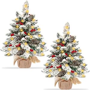 [ 2 Pack & Timer ] 20 Inch Snow Flocked Prelit Christmas Tabletop Tree Decorations, Super Thick Tree 30 Lights Battery Powered Pine Cones Red Berries Artificial Xmas Tree Christmas Indoor Home Decor
