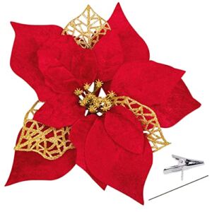15 Pieces 8.7” Poinsettia Artificial Christmas Flowers Decorations Large Size – 8.7 Inches Xmas Tree Ornaments Red Glitter Gold with Clips