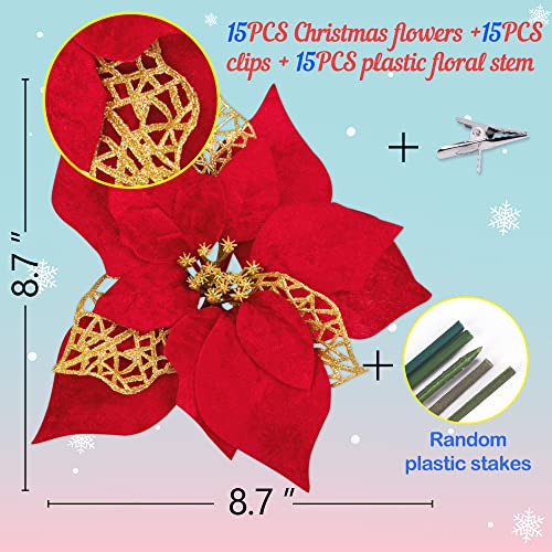 15 Pieces 8.7” Poinsettia Artificial Christmas Flowers Decorations Large Size – 8.7 Inches Xmas Tree Ornaments Red Glitter Gold with Clips | The Storepaperoomates Retail Market - Fast Affordable Shopping